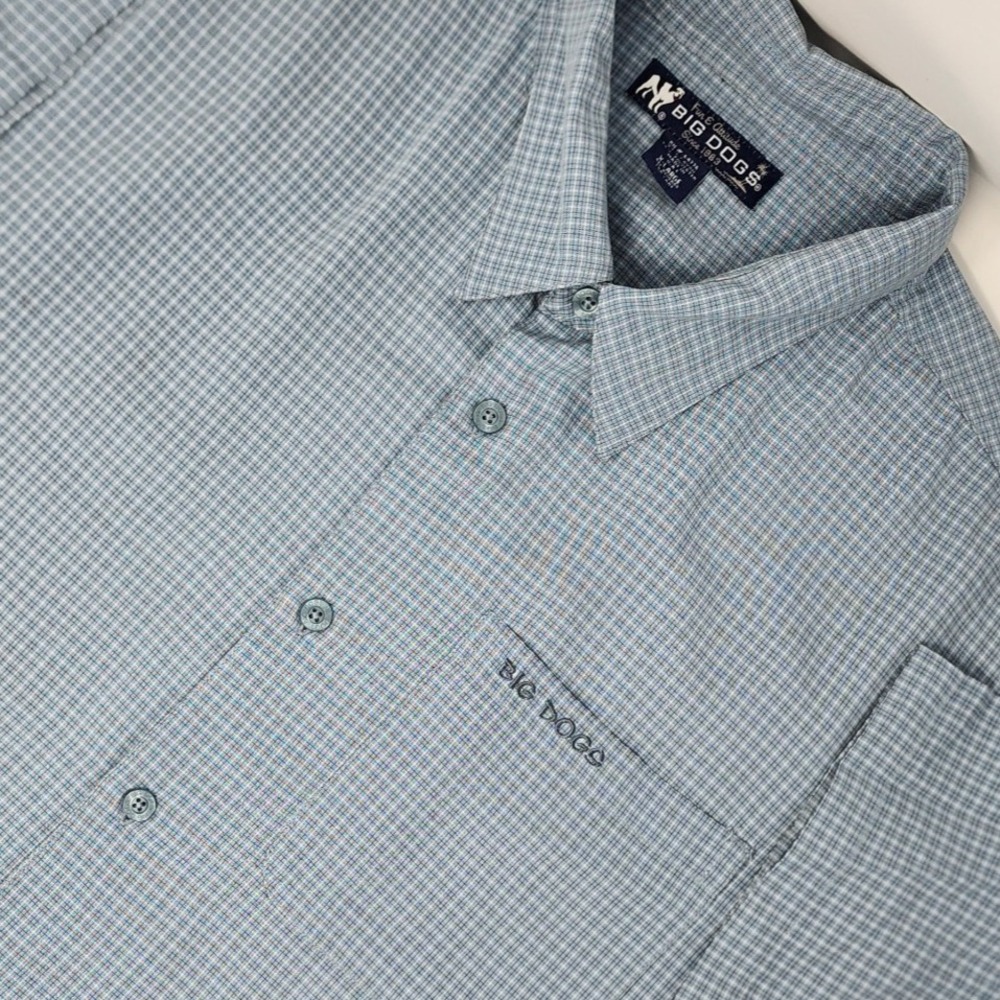 Big Dogs Men's‎ Shirt Size XL Short Sleeve Button Up Blue Check Plaid Pocket EUC